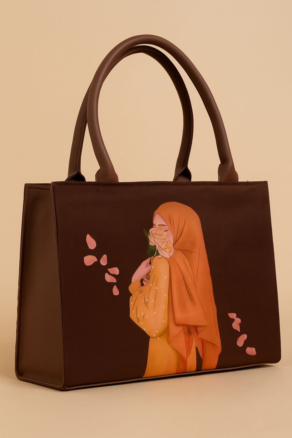 Elegant Red Tote Bag with Artistic Hijab Girl & Rose Print