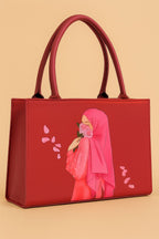 Elegant Red Tote Bag with Artistic Hijab Girl & Rose Print