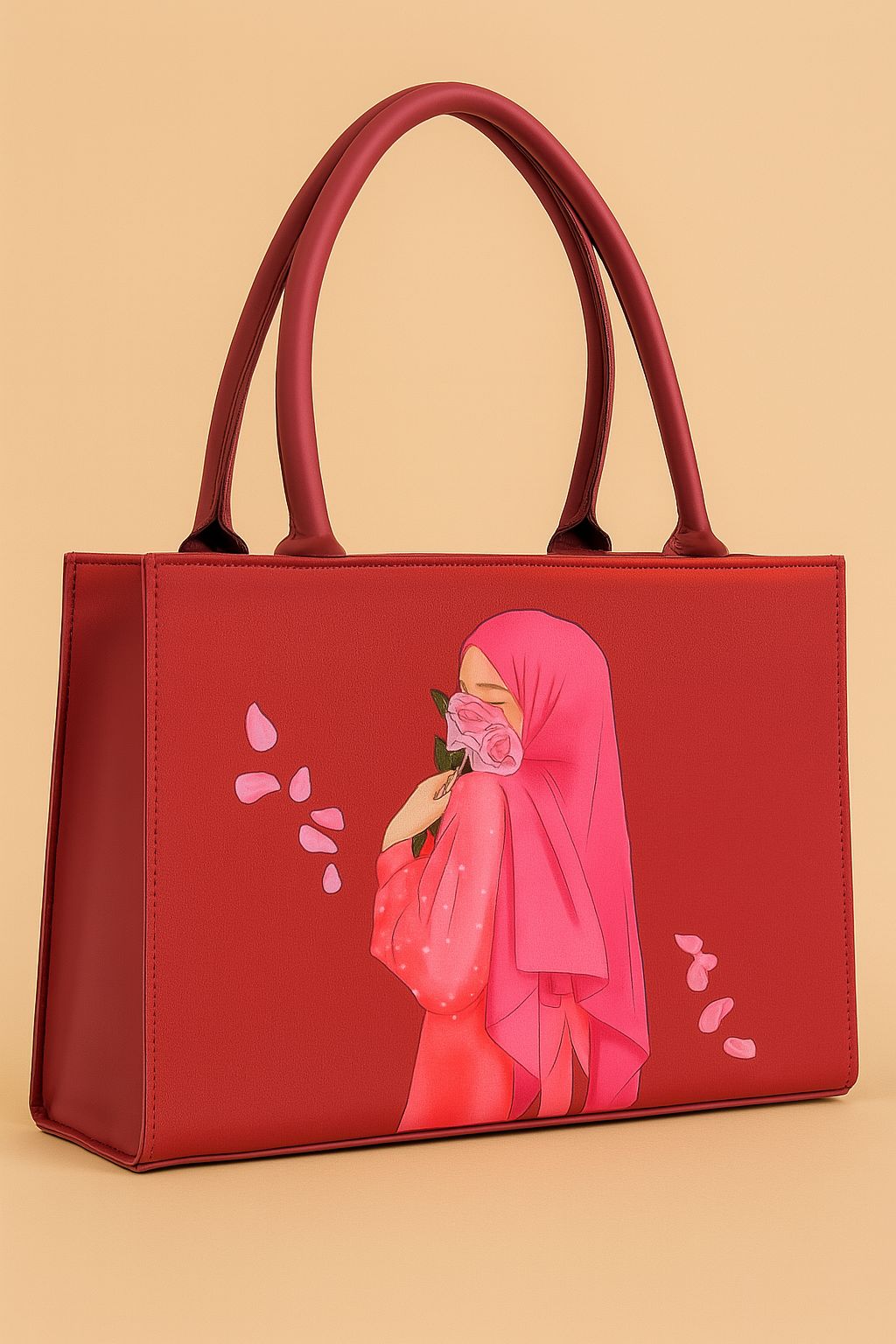 Elegant Red Tote Bag with Artistic Hijab Girl & Rose Print