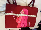 Elegant Red Tote Bag with Artistic Hijab Girl & Rose Print