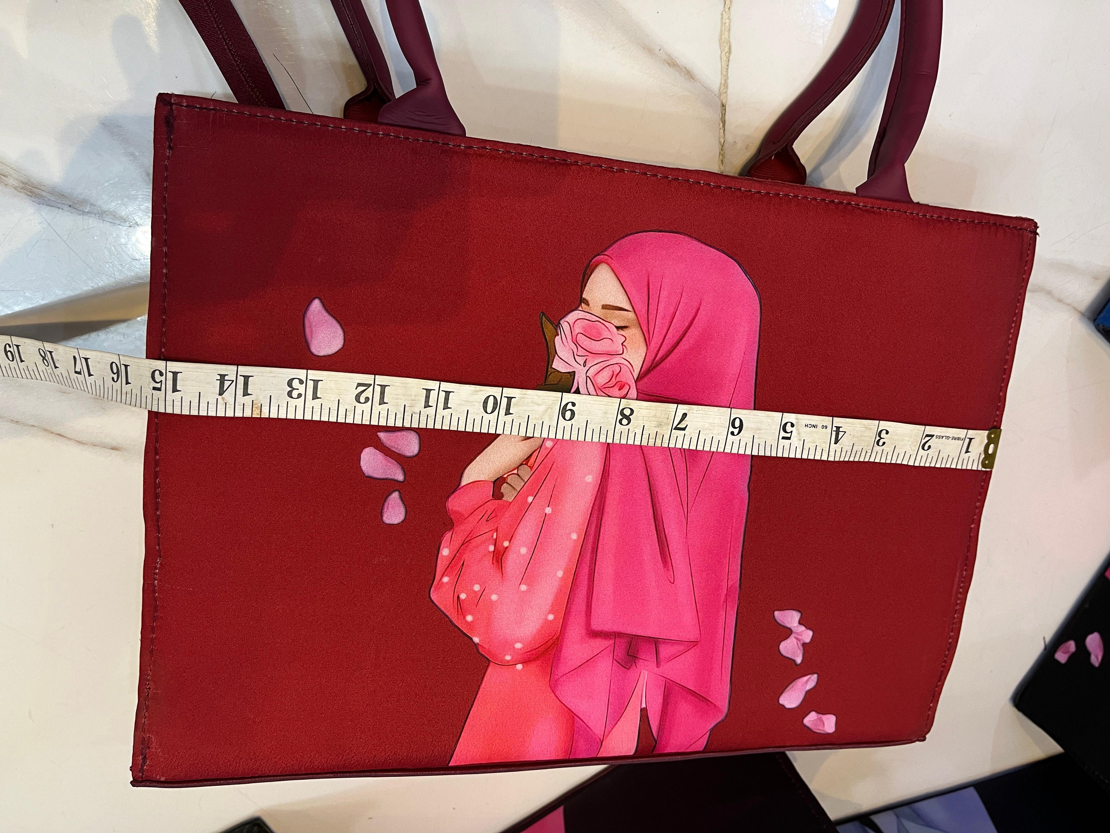 Elegant Red Tote Bag with Artistic Hijab Girl & Rose Print