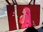 Elegant Red Tote Bag with Artistic Hijab Girl & Rose Print